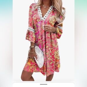 Generic. Womens Boho Floral Dress 3/4 Sleeve Sundress Lace V Neck Dress Vintage